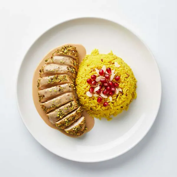 Herby Pistachio Chicken With Saffron Rice And Dibs Roman Tahini Drizzle